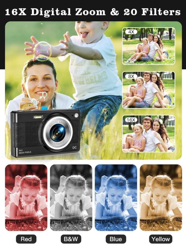 Upgrade Digital Camera, 56MP FHD 1080P for Kids with 16x Zoom Anti Shake, 32GB TF Card, Two Batteries, Lanyard, Compact Small for Boys Girls （Black） - Image 3