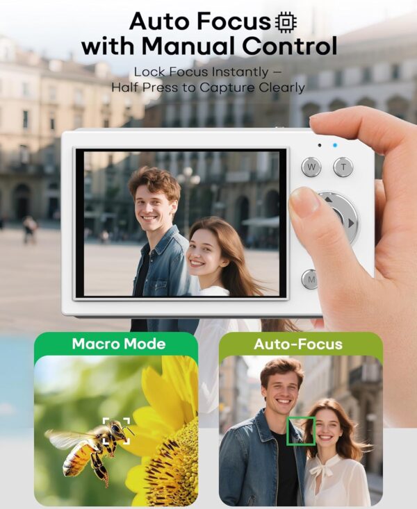 Digital Camera, 4K Vlogging Camera with Autofocus, 64MP, 16X Zoom, 64GB Card Included, Built-in Battery, Compact Digital Camera for Teens Adult Beginners, Ideal for Travel & YouTube - White - Image 3