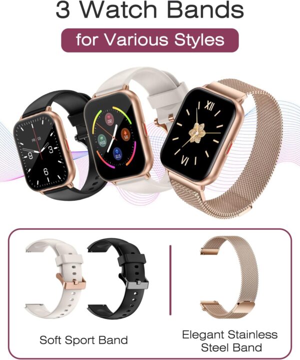 Smart Watches for Women Men (Answer/Make Calls, 3 Bands), 1.85" Fitness Tracker Watch for iPhone/Android Phones with Heart Rate Monitor Sleep/Steps Tracker 100+ Sports Pedometer Waterproof Gold - Image 2