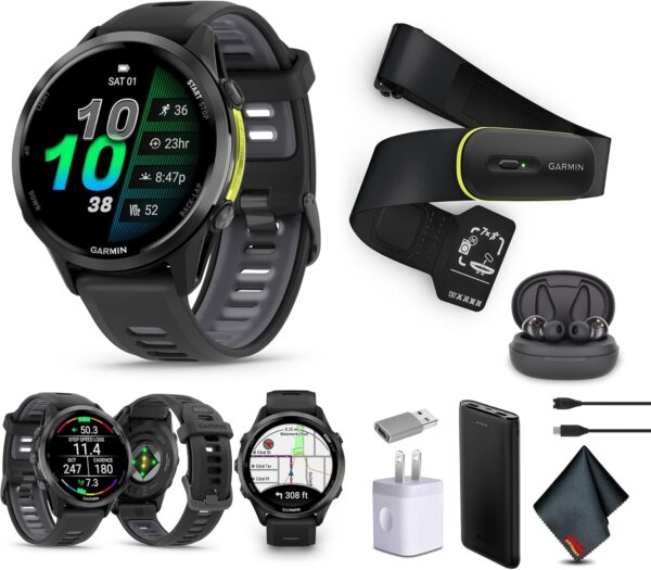 Garmin Forerunner 970 Running Smartwatch, GPS Fitness Smart Watch for Men and Women, Carbon Gray DLC Titanium with Black Case/Translucent Whitestone Band​​ + Access 600 Fitness Monitor XS-S​​ + More