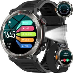 Military Smart Watch for Men, 100 Days Battery/Led Flashlight/Compass/2 Straps/IP68 Waterproof Smart Watches for Men, Tactical Smart Watch Outdoor, Answer/Make Calls Fitness Tracker for iPhone/Android