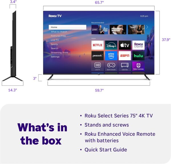 Roku Smart TV 2025 – 75-Inch Select Series, 4K HDR TV – RokuTV with Enhanced Voice Remote – Flat Screen LED Television with Wi-Fi for Streaming Live Local News, Sports, Family Entertainment - Image 9
