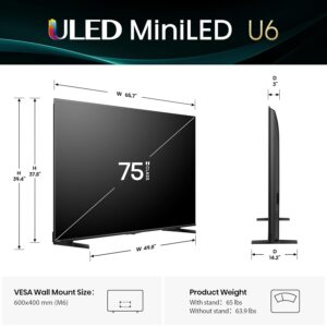 Hisense 75″ Class U6 Series Mini-LED 4K UHD Smart Fire TV (75U65QF, 2025 Model) – QLED, Native 144Hz, HDR10+, Dolby Vision IQ, Dolby Atmos, Game Mode Pro, ALLM, Alexa Built in, Black