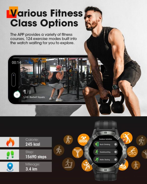 Smart Watches for Men, Bluetooth Call Military Smart Watch, Waterproof Fitness Tracker with Heart Rate/Blood Oxygen/Sleep Monitor/124 Sports Modes, Tactical Watch for Android Phones & iPhone (Black) - Image 3