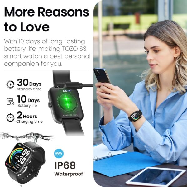 TOZO S3 Smart Watch for Men Women for iPhone&Android, 1.83" Fitness Tracker Bluetooth Call [Answer/Make], IP68 Waterproof Sleep Monitor, 100+ Sport Modes Black - Image 7