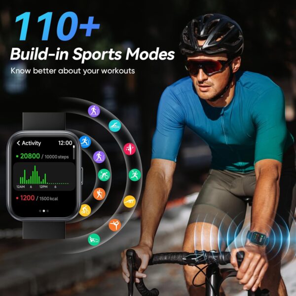 Smart Watches for Men Android & iPhone, 1.8" Alexa Built-in Smartwatches Fitness Tracker Watch with Bluetooth Calls, IP68 Waterproof, Heart Rate/Sleep/SpO2 Monitor, 110 Sport Modes - Black - Image 3