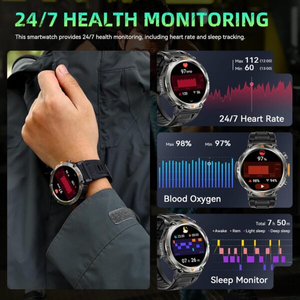 Military Smart Watches for Men Built-in GPS 3ATM Waterproof with Call/LED Flashlight, 1.45" Rugged Tactical Smartwatch with Compass, Fitness Tracker with HR/SPO2/Sleep Monitor for iPhone Android - Image 8