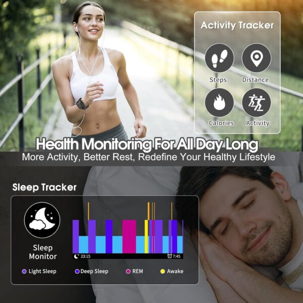 Smart Watch for Men Women Bluetooth Call, 1.85" HD Touch Screen Fitness Watch with Sleep Heart Rate Monitor, 112+ Sports Modes, IP68 Waterproof Activity Trackers for Android iOS, Black - Image 4