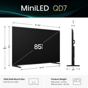 Hisense 85″ Class QD7 Series Mini-LED 4K UHD Smart Fire TV (85QD7QF, 2025 Model) – QLED, Native 144hz, HDR10+, Dolby Vision, Dolby Atmos, Game Mode Pro, ALLM, Alexa Built in with Voice Remote, Black