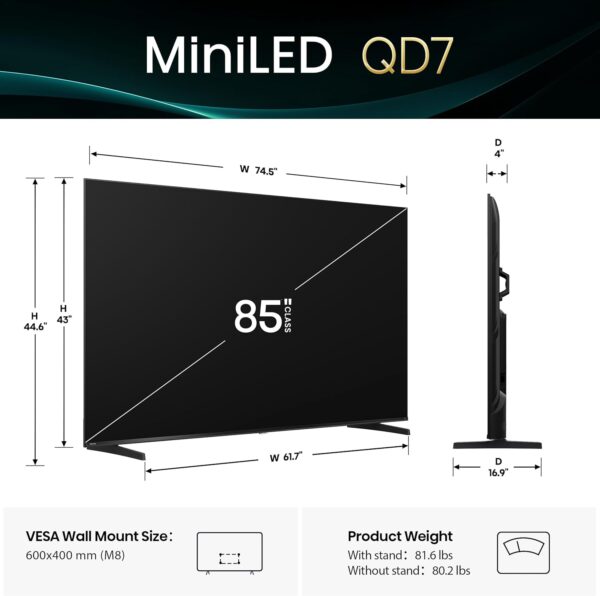 Hisense 85" Class QD7 Series Mini-LED 4K UHD Smart Fire TV (85QD7QF, 2025 Model) - QLED, Native 144hz, HDR10+, Dolby Vision, Dolby Atmos, Game Mode Pro, ALLM, Alexa Built in with Voice Remote, Black - Image 2