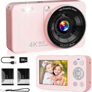 Digital Camera, 4K 64MP, 18X Zoom, Point and Shoot Digital Camera with 64GB SD Card & 2 Batteries, Portable Rechargeable Small Camera for Kids Teens Adult, Pink