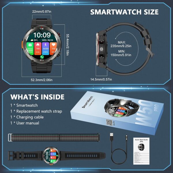 Military Smart Watch for Men, 100 Days Battery/Led Flashlight/Compass/2 Straps/IP68 Waterproof Smart Watches for Men, Tactical Smart Watch Outdoor, Answer/Make Calls Fitness Tracker for iPhone/Android - Image 8