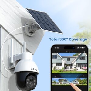 AOSU Solar Security Camera Wireless Outdoor System, 3K/5MP Battery Powered WiFi Camera for Home Security, Panoramic PTZ, Auto Tracking, Human/Vehicle Detection, Night Vision, Spotlights, 2-Way Talk