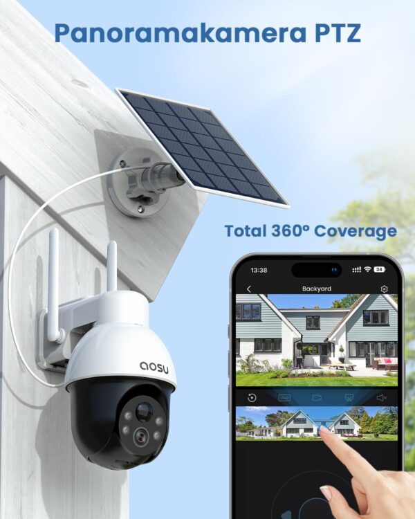 AOSU Solar Security Camera Wireless Outdoor System, 3K/5MP Battery Powered WiFi Camera for Home Security, Panoramic PTZ, Auto Tracking, Human/Vehicle Detection, Night Vision, Spotlights, 2-Way Talk - Image 2