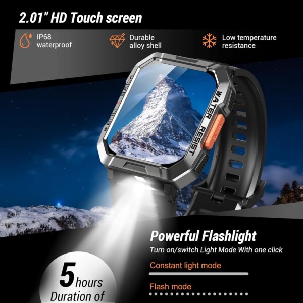 Military Smart Watch for Men (Answer/Make Calls), 2.01'' Smart Watch for Android and iPhone, Fitness Tracker with Flashlight/Compass/100 Days Battery/Heart Rate/Sleep/100+ Sport Modes(2 Straps) - Image 2