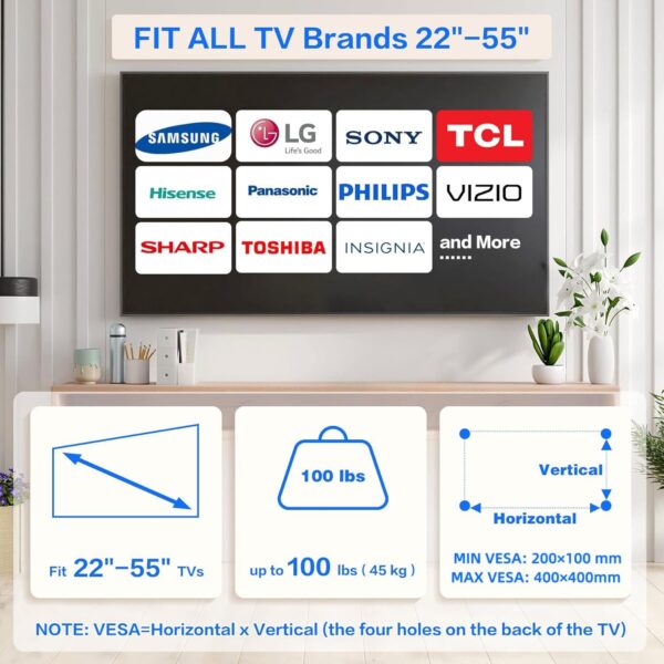 No Drill Drywall TV Mount, No Stud TV Wall Mount for Most Brand 22-55 Inch TVs up to 100 lbs, Easy Install No Stud Studless TVs Wall Mount, Include All Hardware-New Level Bubble Meter - Image 3
