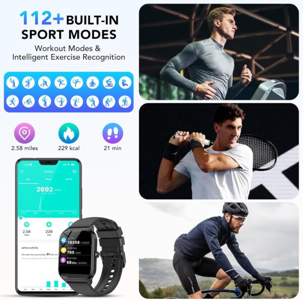 CASCHO Smart Watch for Men Women, 1.85" HD Fitness Tracker with Bluetooth Calls/Messages, IP68 Waterproof, 115+Sports Modes, 24/7 Heart Rate/Sleep Fitness Watch Compatible with iOS/Android (Black) - Image 4