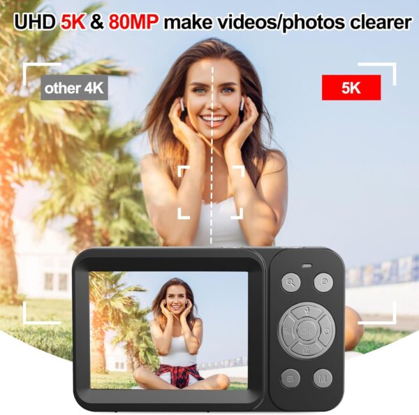 Upgraded 5K Dual Screen Digital Camera,80MP Vlog Photography Camera for YouTube,Campus,Travel,Compact Point & Shoot Camera for Teens & Beginners with Autofocus,18x Zoom,Anti-Shake,Black - Image 3