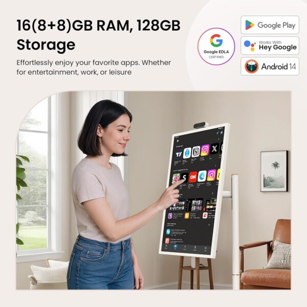 ApoloSign 32 Inch FHD Smart Portable TV 2nd Gen, 16(8+8) GB RAM+128GB, Android 14, EDLA-Certified, Rolling Tablet TV on Wheels, Built-in 9300mAh Battery, Full Swivel Rotation, Voice Remote Control - Image 3