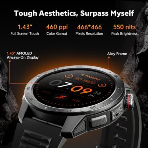 Military Smart Watches for Men Built-in GPS(Answer/Make Calls), 1.43″ AMOLED Screen with Compass, Altitude, Barometer, 3ATM Waterproof, Fitness Watch with Health Monitor for Android iOS