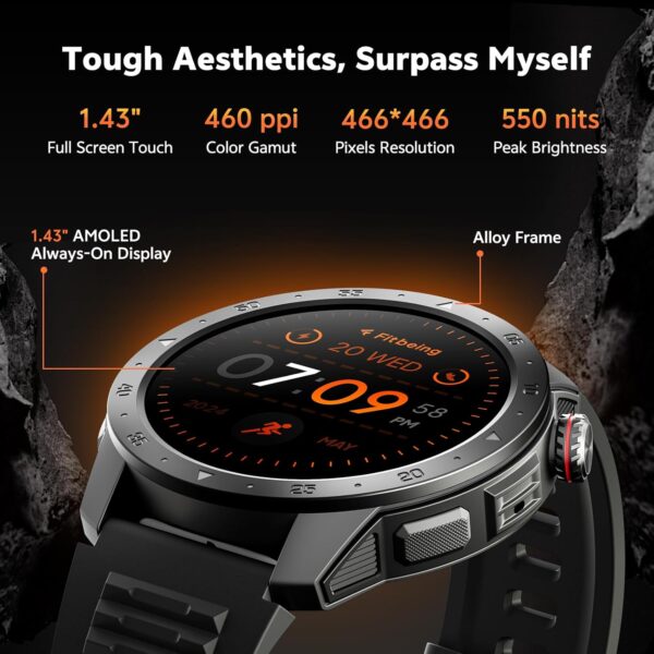 Military Smart Watches for Men Built-in GPS(Answer/Make Calls), 1.43" AMOLED Screen with Compass, Altitude, Barometer, 3ATM Waterproof, Fitness Watch with Health Monitor for Android iOS - Image 2