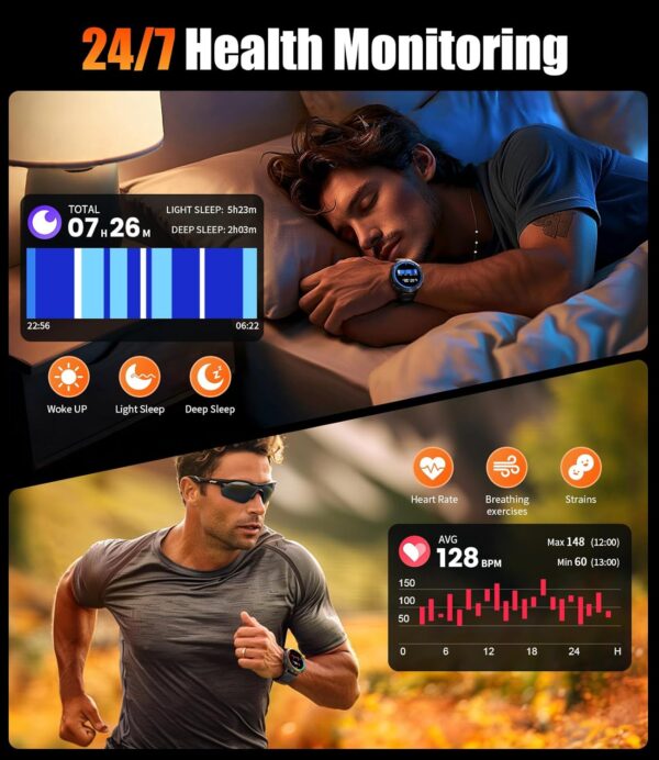 LIGE Smart Watches for Men with 900mAh Battery(60+Standby),1.73" AMOLED with Bluetooth Call,110+ Sports Mode Tactical Fitness Tracker/Heart Rate Sleep Health Monitor/Android iOS Military Smart Watch - Image 6