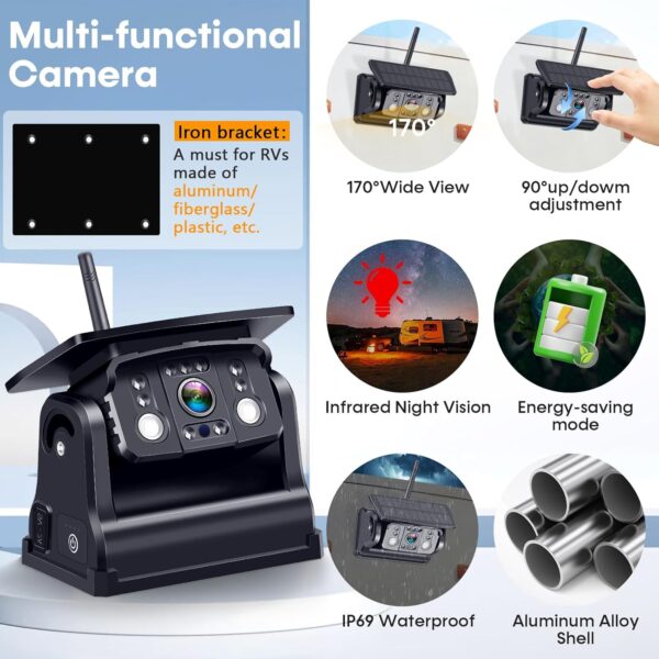Dual Wireless Backup Camera for RV Trailer: Easy Setup Solar RV Rear View Camera with 7-inch Recording Monitor - 4 Channels Strong Magnetic HD 1080P Long-Battery Life for Camper, Truck, Fifth Wheel - Image 6