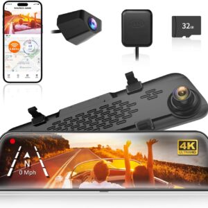 WOLFBOX G840S 12″ 4K Mirror Dash Cam Backup Camera, 5.8GHz WiFi Smart Rearview Mirror for Cars & Trucks, Front and Rear View Dual Cameras, Night Vision, Parking Assistance, Included 32GB Card & GPS