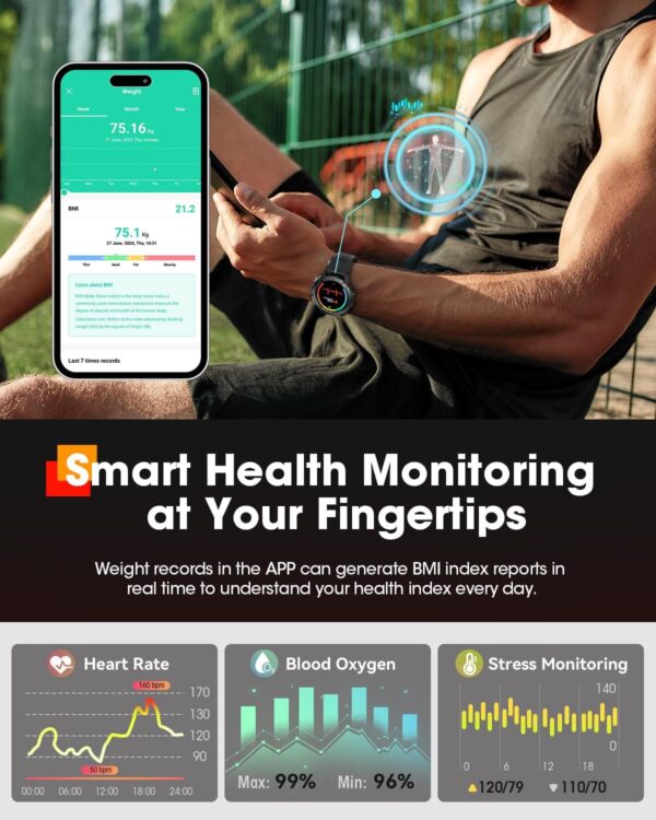 Smart Watches for Men, Bluetooth Call Military Smart Watch, Waterproof Fitness Tracker with Heart Rate/Blood Oxygen/Sleep Monitor/124 Sports Modes, Tactical Watch for Android Phones & iPhone (Black) - Image 2