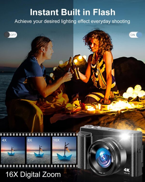 4K Digital Camera for Photography, Autofocus 48MP Vlogging Camera with Flash, 3" 180° Flip Screen, 16X Zoom, 32GB Card and Battery Charger, Point and Shoot YouTube Camera for Teens, Adults, Beginners - Image 4