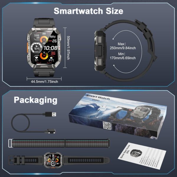 Military Smart Watch for Men(Answer/Make Call), Outdoor Sports Smartwatch with Flashlight/100 Days Battery/Compass/Heart Rate/SpO2/Sleep Monitor/2 Straps, Fitness Tracker for iPhone/Android Phones - Image 7