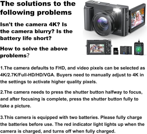 4K Digital Camera for Photography and Video, Autofocus Anti-Shake 48MP Vlogging Camera for YouTube, 3'' 180°Flip Screen Camera with Flash 16X Zoom, Digital Camera with 32GB Card Battery Charger Black - Image 9