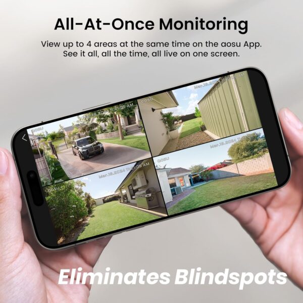 AOSU Solar Security Cameras Wireless Outdoor, 2K QHD Home Security System, 4-Cam Kit with 166° Ultra-Wide View, Cam-to-Cam Sync, 32GB Homebase Local Storage, Color Night Vision, No Monthly Fee - Image 3