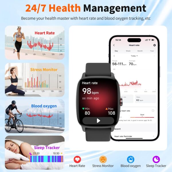 Smart Watch for Men & Women with Bluetooth Calling, 1.85" Touchscreen Fitness Tracker, Heart Rate & Sleep Monitor, 100+ Sports Modes, IP68 Waterproof, Compatible with Android & iOS - Image 5