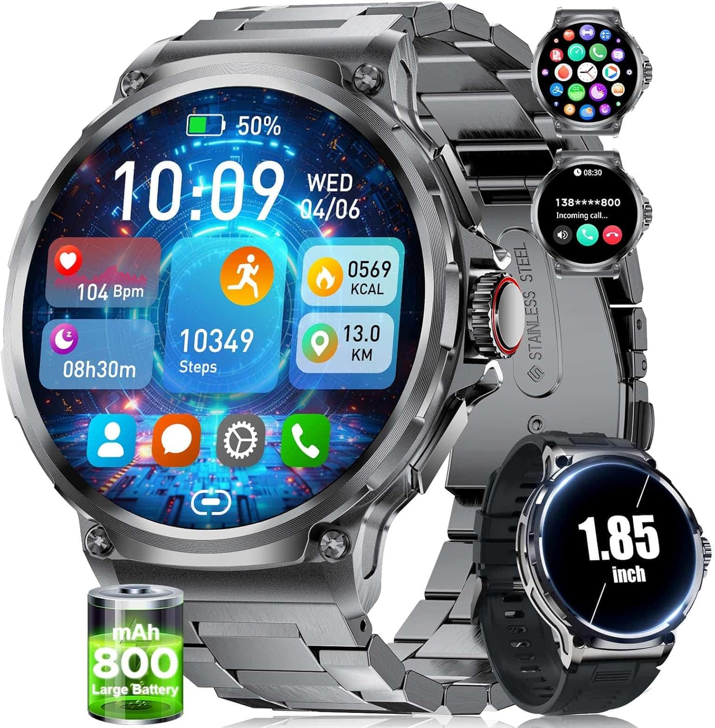 SUNKTA Military Smart Watch for Men,1.85" HD/800mAh Battery Smart Watches for Android iOS (Bluetooth Call Answer/Calls) Fitness Tracker with Heart Rate/Sleep Tracking/Blood Oxygen Black