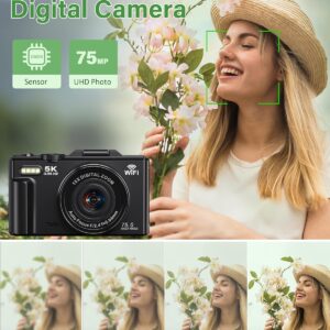 5K Digital Camera for Photography, 75MP WiFi Vlogging Camera for YouTube with 3″ 180° Flip Screen, 18X Zoom UHD Autofocus Video Camara with 32GB SD Card, 2 Batteries