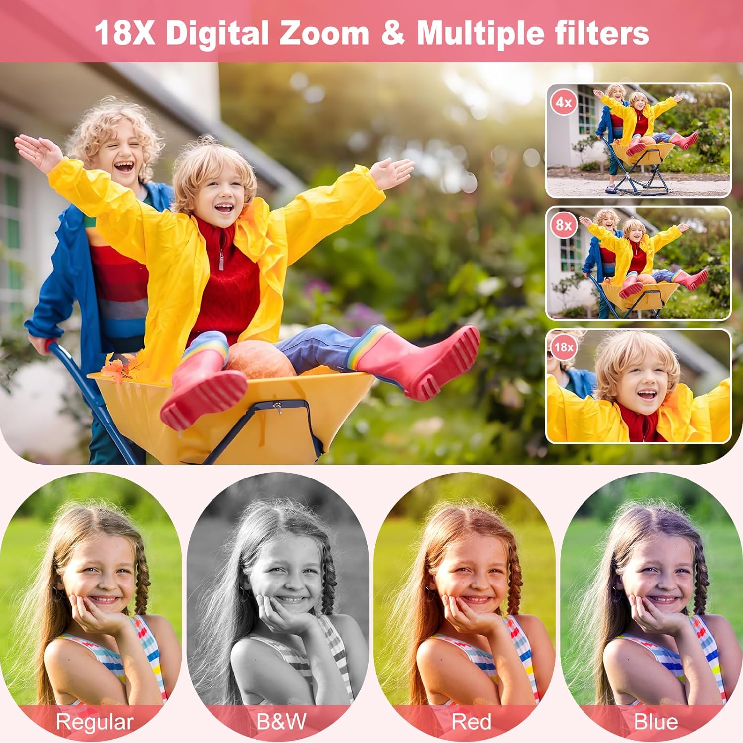 Digital Camera, 4K 64MP, 18X Zoom, Point and Shoot Digital Camera with 64GB SD Card & 2 Batteries, Portable Rechargeable Small Camera for Kids Teens Adult, Pink - Image 4