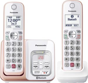 Read more about the article Panasonic Cordless Phone with Link2Cell Bluetooth, Voice Assistant, Answering Machine and Call Blocking, Expandable System with 2 Cordless Handsets – KX-TGD862G (Rose Gold)