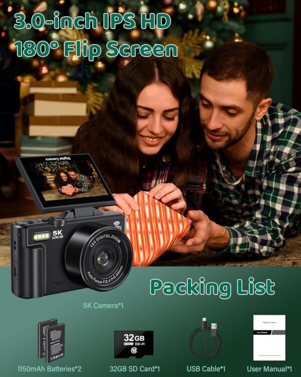 5K Digital Camera for Photography - WiFi 75MP Vlogging Cameras for YouTube - UHD Autofocus Video Camera 3" 180° Flip Screen with 18X Zoom - Compact Vlog Travel Camara with 32GB SD Card, 2 Batteries - Image 8