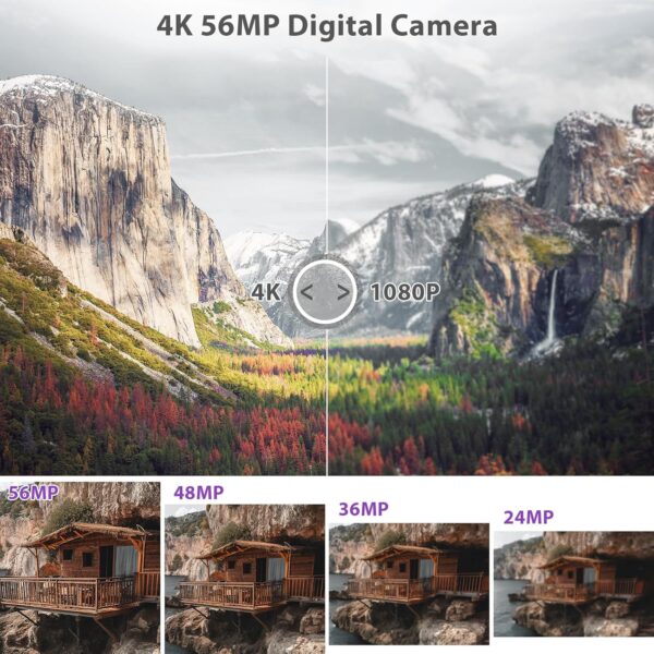 4K Digital Camera for Photography & Vlogging, 56MP YouTube Camera with WiFi, 3" 180° Flip Screen, 16X Digital Zoom, 52mm Wide Angle & Macro Lens, 32GB TF Card, 2 Batteries – Purple - Image 3