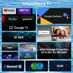 SYLVOX 12 Volt TV, 22″ Smart Television with DVD Player Built in, 1080P Google OS ATSC NTSC WiFi Bluetooth HDMI USB, AC/DC Powered, 12V TV for RV Camper Boat Coastal Home (Marine Series)