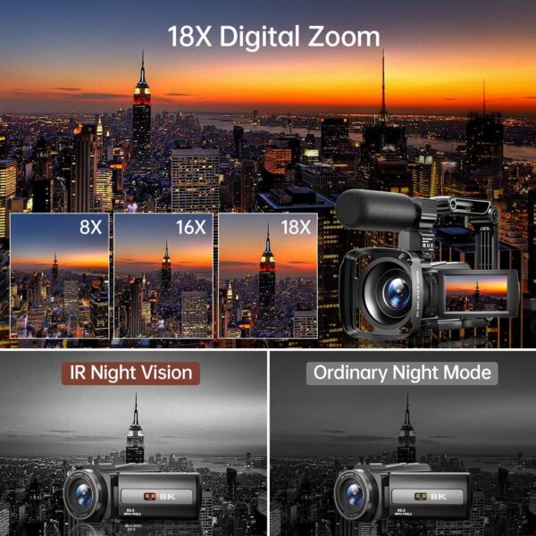 8K Video Camera Camcorder 88MP UHD WiFi Vlogging Cameras for YouTube 18X Digital Zoom IR Night Vision 3.0''Touch Screen Camera with 32GB Card, Microphone, Stabilizer, Lens Hood, Remote, Batteries - Image 3