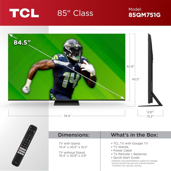 TCL 85-Inch QM7 QLED 4K Smart QD-Mini LED TV with Google TV (85QM751G, 2024 Model) Dolby Vision IQ, Dolby Atmos, HDR, Game Accelerator up to 240Hz, Voice Remote, Works with Alexa, Streaming Television - Image 3