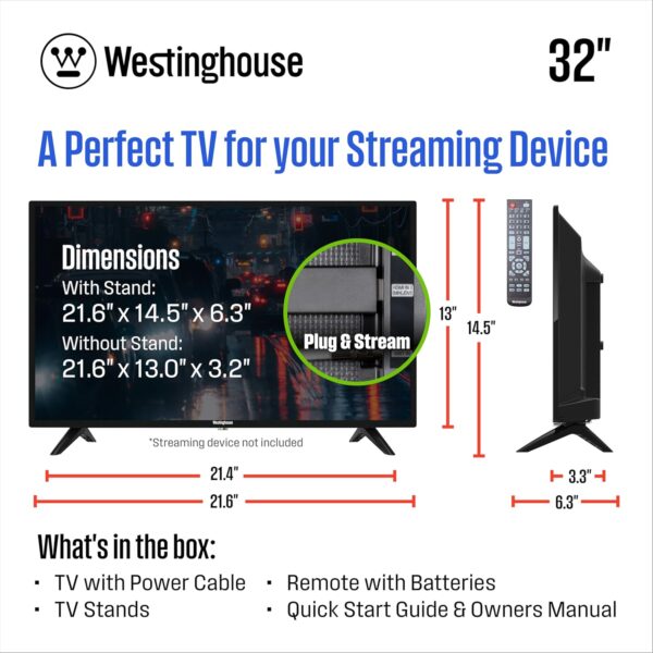 Westinghouse 32 Inch TV, HD LED Small Flat Screen Non-Smart Television, Works with Fire Stick, Roku, Apple TV, TiVo, Xumo, and Streaming Devices - Image 3