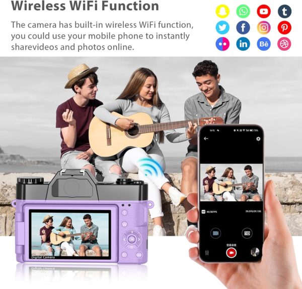 4K Digital Camera for Photography & Vlogging, 56MP YouTube Camera with WiFi, 3" 180° Flip Screen, 16X Digital Zoom, 52mm Wide Angle & Macro Lens, 32GB TF Card, 2 Batteries – Purple - Image 9