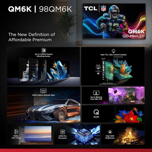 TCL 98-Inch Class QM6K Series QD-Mini LED 4K UHD Google Smart TV Best Value Mini-LED TV - QLED, 144hz, 288hz Gaming Rate, High Contrast Screen, Onkyo Audio, Dolby Atmos (98QM6K, 2025 Model) - Image 4