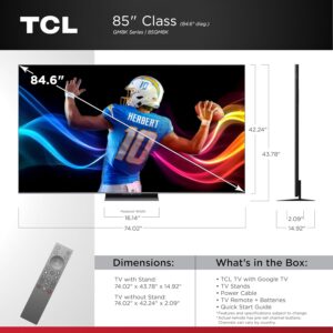 TCL 85-Inch Class QM8K Series QD-Mini LED 4K UHD Google Smart TV Next Generation Mini-LED TV – QLED, 144hz, 288hz VRR, No Bezel Design, Unrivaled Picture Quality, Ai Processing (85QM8K, 2025 Model)