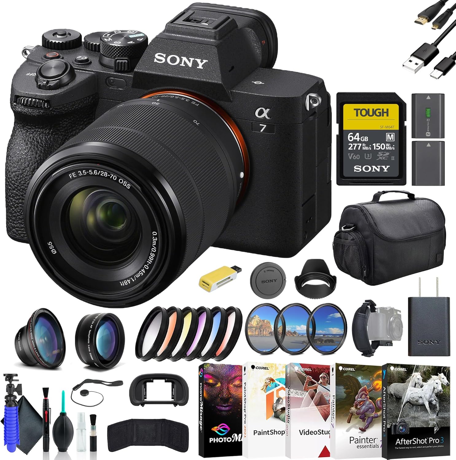 Sony a7 IV Mirrorless Camera with 28-70mm Lens ILCE-7M4K/B, 64GB Card, Filter Kit, Wide Angle Lens, Telephoto Lens, Color Filter Kit, Lens Hood, Bag, and More