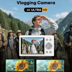 Digital Camera, 4K Vlogging Camera with Autofocus, 64MP, 16X Zoom, 64GB Card Included, Built-in Battery, Compact Digital Camera for Teens Adult Beginners, Ideal for Travel & YouTube – White