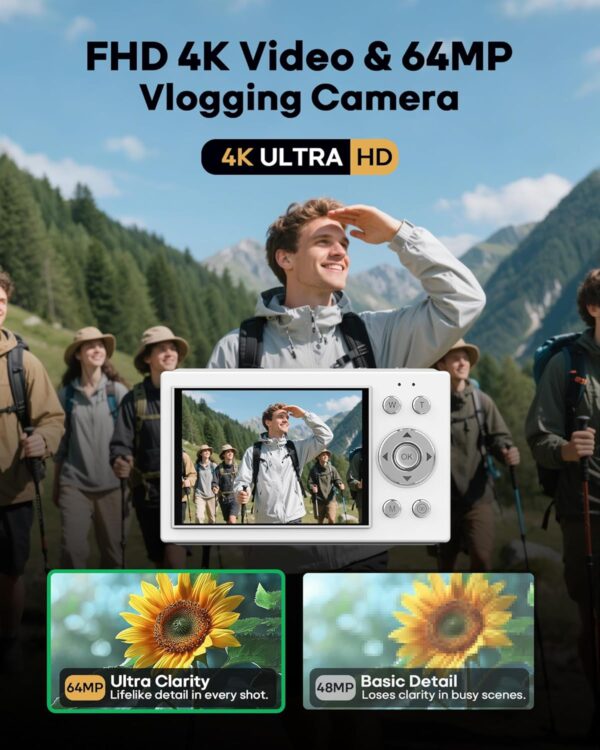 Digital Camera, 4K Vlogging Camera with Autofocus, 64MP, 16X Zoom, 64GB Card Included, Built-in Battery, Compact Digital Camera for Teens Adult Beginners, Ideal for Travel & YouTube - White - Image 2